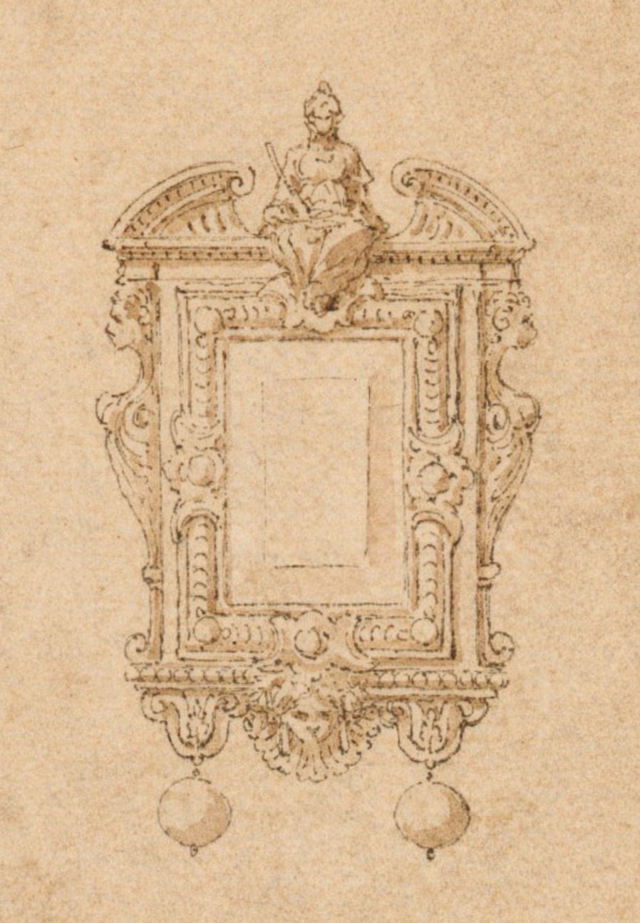 16th century design of a brooch. Woman wearing a helmet seated within a broken pediment, flanked by volutes. Below, a rectangular frame. On either side, a fantastic figure. Below, a mask and two hanging pearls.