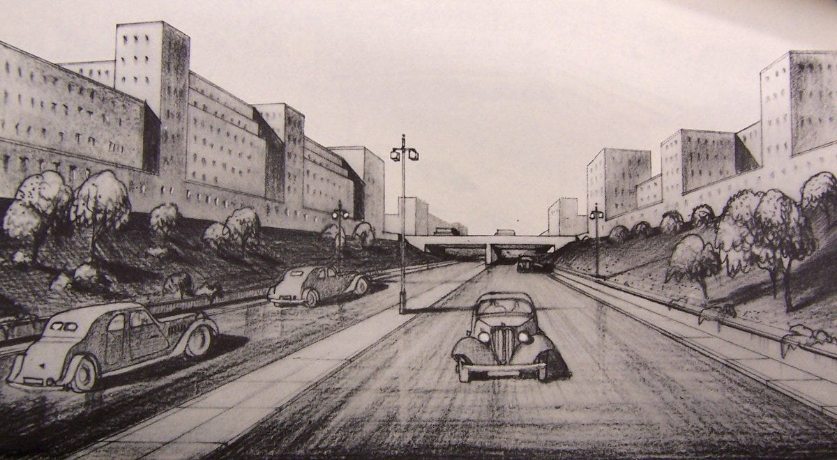 Artist's impression, in crayon, of a dual carriageway sunken between tall buildings, with 1940s cars driving along it Artist's impression, in crayon, of a dual carriageway sunken between tall buildings, with 1940s cars driving along it