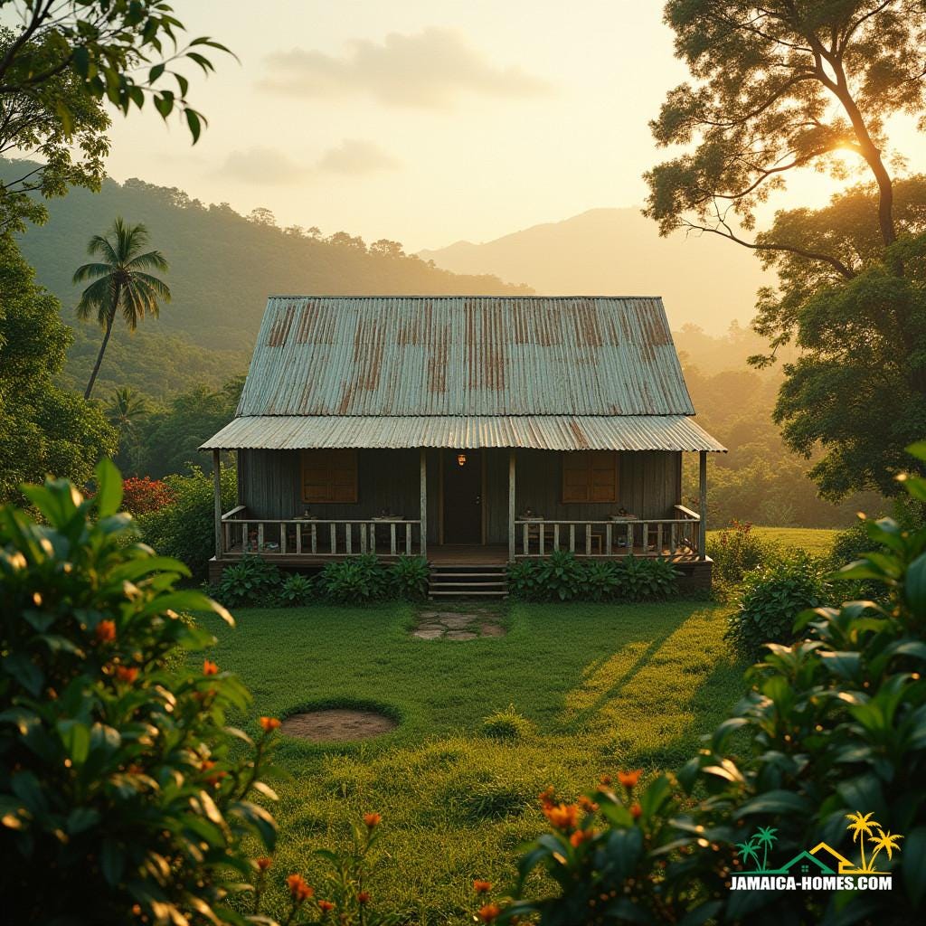 A majestic traditional Jamaican farmhouse, surrounded by lush greenery, situated on 2 acres of rolling hills and tropical landscape, bathed in warm, golden cinematic lighting, with a sense of depth and atmosphere.