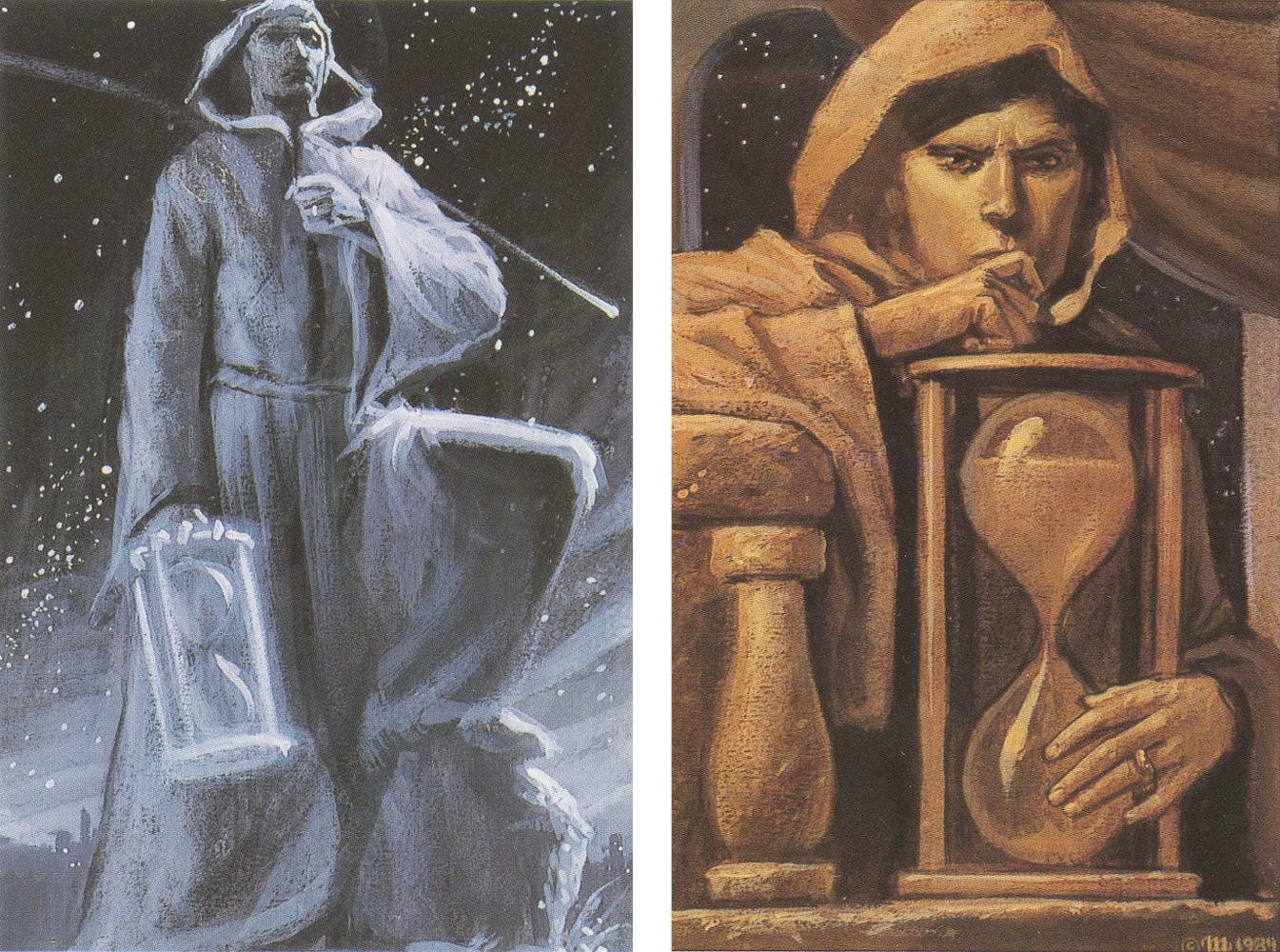LEFT: Tonal concept in gray depicting a hooded man with a hand held to his chest standing against a backdrop of stars. One knee is up with his foot resting on a rock while he holds a large hourglass by the top.  RIGHT: Tonal concept in ochre for CHRONOS featuring a hooded man with one hand wrapped around the bottom bell of an hourglass while the other hand rests on the flat top, knuckle held his lips in a pensive expression.