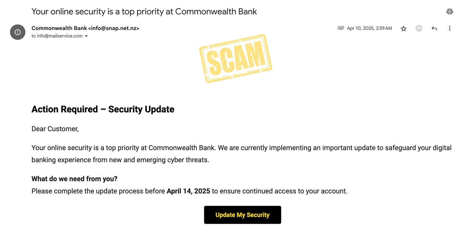 Screenshot of scam email claiming that you must complete a security update for your account.