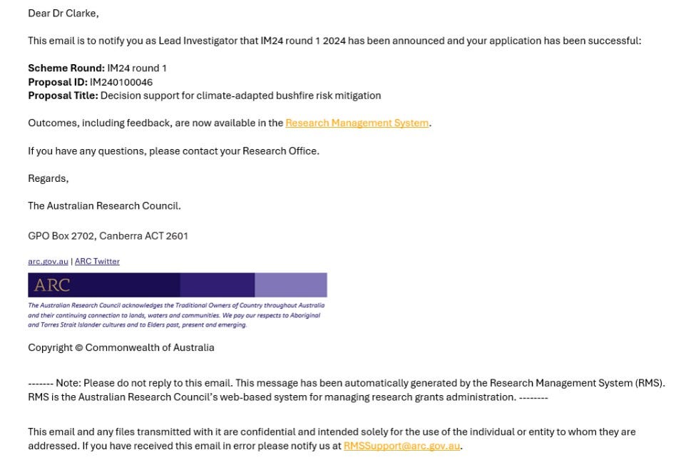Screenshot of a grant announcement email