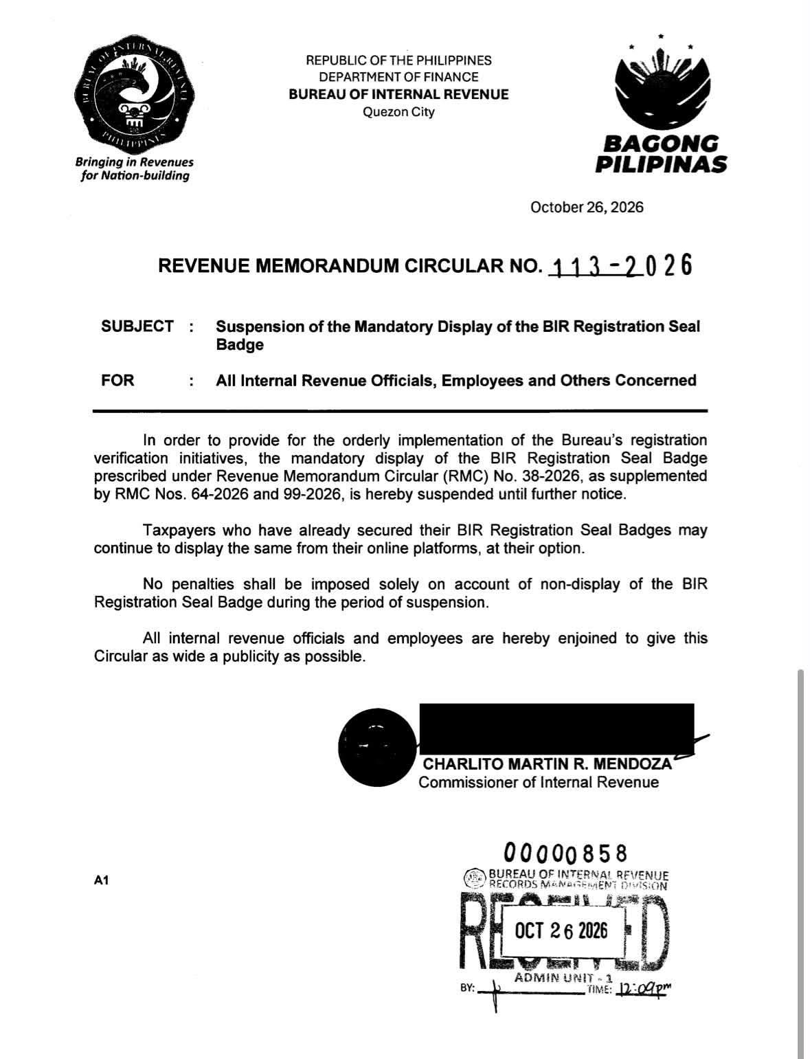 BIR suspends mandatory registration seal display for online-based work