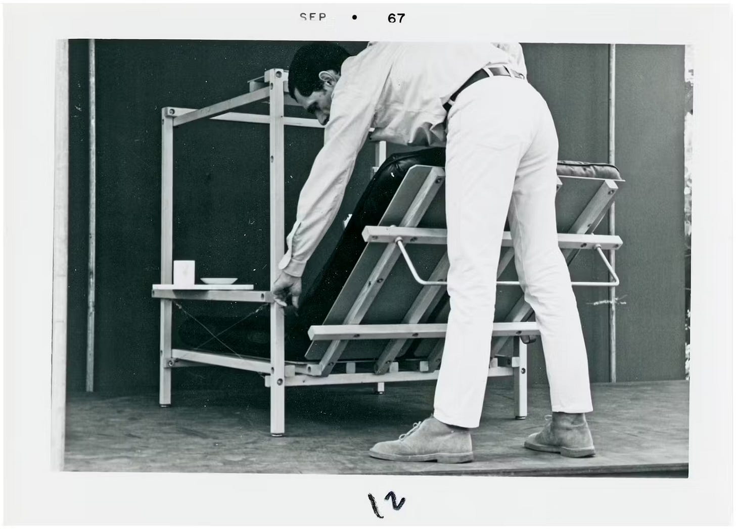 Ken Isaacs demonstrates the reclining function of Superchair, 1967 [Walker Art Center, Minneapolis, MN. © Estate of Ken Isaacs]