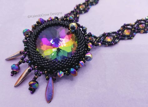 closeup photos of a beaded necklace made from black and rainbow/oil slick color shift beads