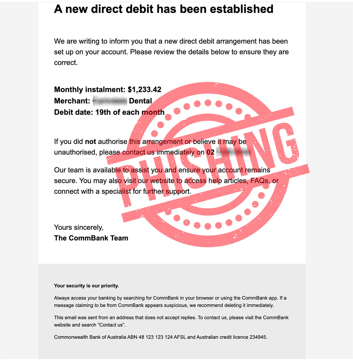 Email cliaming to be from CommBank claims that a new direct debit has been established.