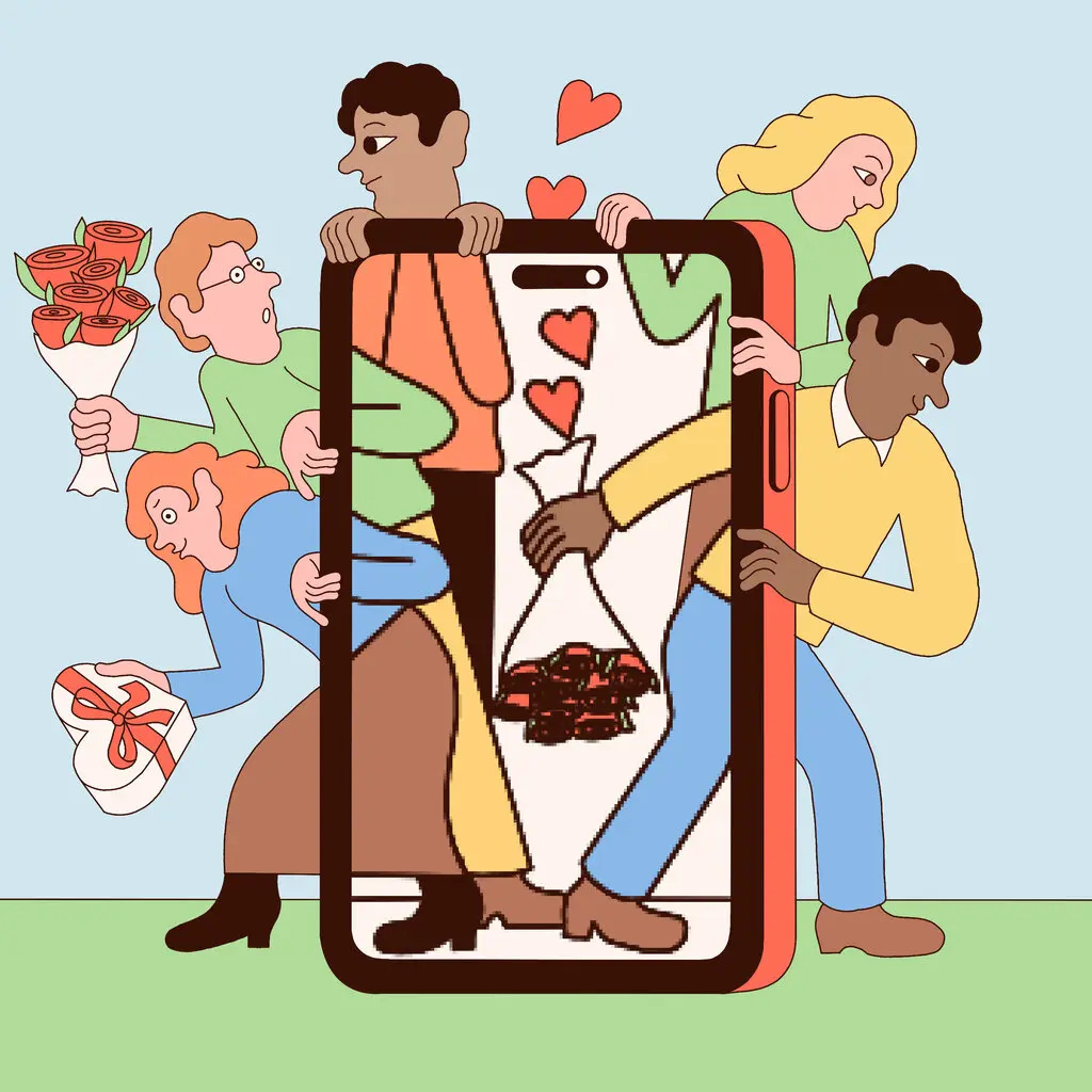 An illustration of people exiting a mobile phone with hearts coming out of it. Two people are holding flowers and one person is holding a heart shaped box of chocolates. 