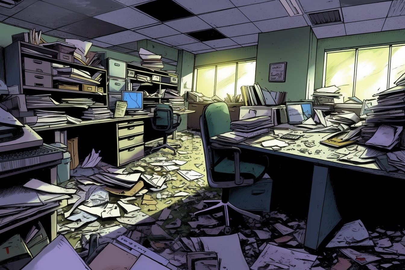 a messy office with papers strewn everywhere and broken computers