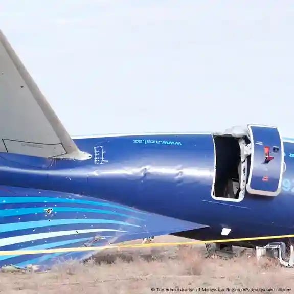 The rear end of an Azerbaijan Airlines plane broken apart after a crash in December 2024 The rear end of an Azerbaijan Airlines plane broken apart after a crash in December 2024