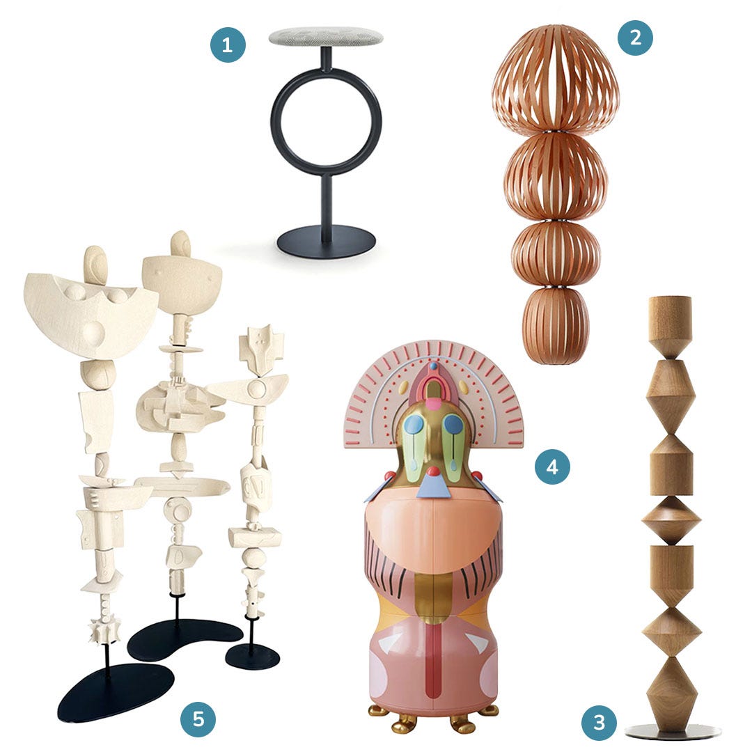 Totem Stool from Sancal | Totem Suspension Light from LZF | Costantina Floor Light from Mogg | Chhau Donna Cabinet from Scarlet Splendour | Totem from Olivia Cognet Totem Stool from Sancal | Totem Suspension Light from LZF | Costantina Floor Light from Mogg | Chhau Donna Cabinet from Scarlet Splendour | Totem from Olivia Cognet