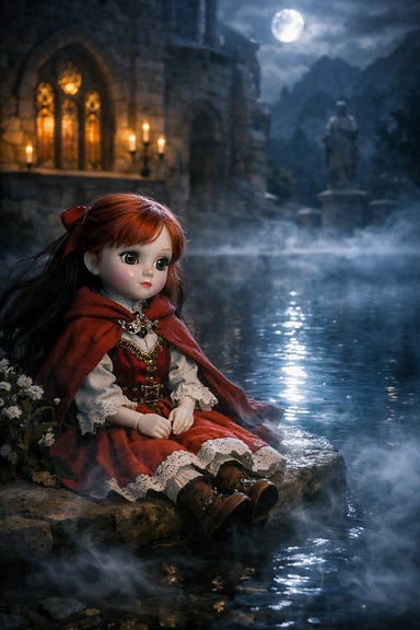 Blinksy Ireena doll sitting beside the sacred pool in the Abbey of Saint Markovia, mist curling around the water and moonlight reflecting off the porcelain face