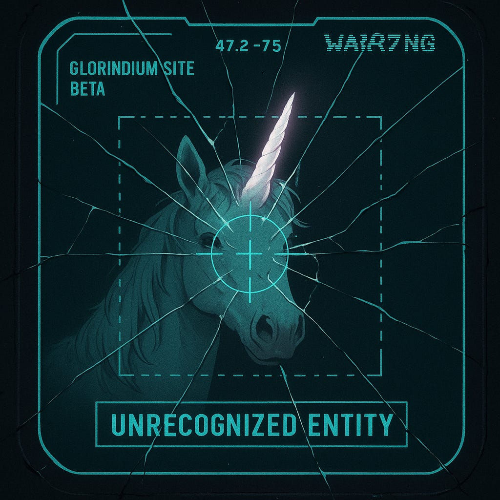 A cracked, futuristic display screen shows the glowing head of a white unicorn with a radiant horn piercing through the center of the broken glass. The heads-up display (HUD) includes digital interface elements in teal, with the text “GLORINDIUM SITE BETA” on the left and “UNRECOGNIZED ENTITY” at the bottom. Fractures radiate across the screen, emphasizing the surreal intrusion of the mythical creature into a sci-fi setting.