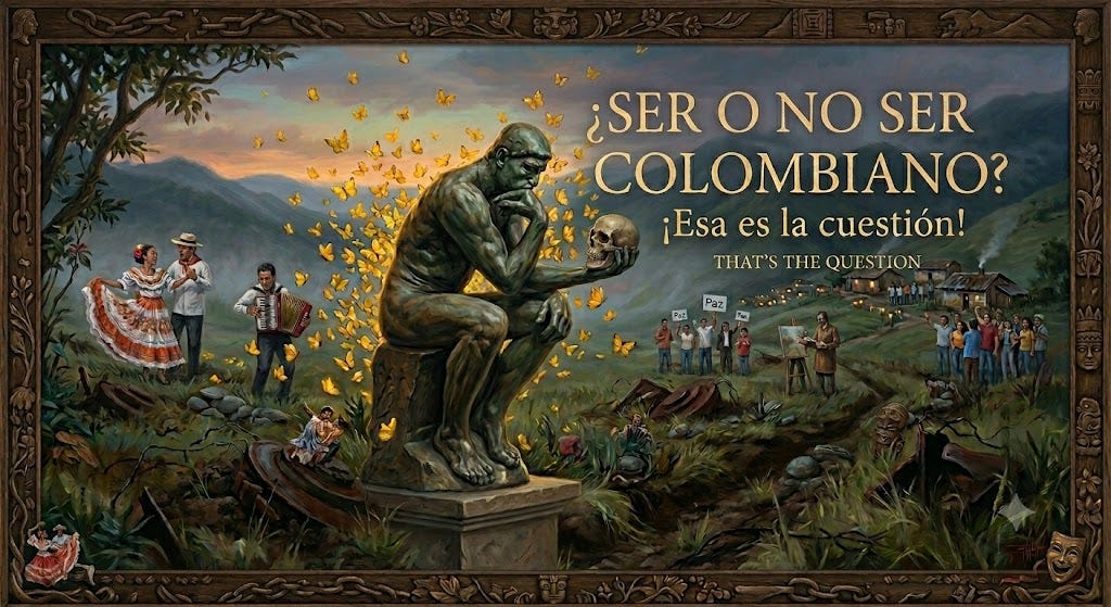 Pintura enmarcada que muestra una escena simbólica en un paisaje montañoso colombiano. En el centro, una estatua del Pensador sostiene un cráneo en la mano, rodeada de mariposas amarillas. A la izquierda aparecen bailarines con trajes tradicionales y un músico con acordeón cerca de un árbol. A la derecha, grupos de personas se reúnen cerca de un pueblo, algunas sosteniendo pancartas con la palabra «Paz». En la parte superior derecha, un gran texto dice: «¿Ser o no ser colombiano? ¡Esa es la cuestión! That’s the question». El marco está decorado con motivos tallados, máscaras y elementos culturales. Pintura enmarcada que muestra una escena simbólica en un paisaje montañoso colombiano. En el centro, una estatua del Pensador sostiene un cráneo en la mano, rodeada de mariposas amarillas. A la izquierda aparecen bailarines con trajes tradicionales y un músico con acordeón cerca de un árbol. A la derecha, grupos de personas se reúnen cerca de un pueblo, algunas sosteniendo pancartas con la palabra «Paz». En la parte superior derecha, un gran texto dice: «¿Ser o no ser colombiano? ¡Esa es la cuestión! That’s the question». El marco está decorado con motivos tallados, máscaras y elementos culturales.