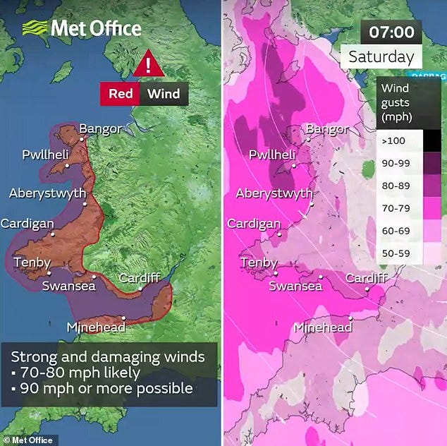 The red wind warning runs from 3am until 11am in parts of Wales and South West England