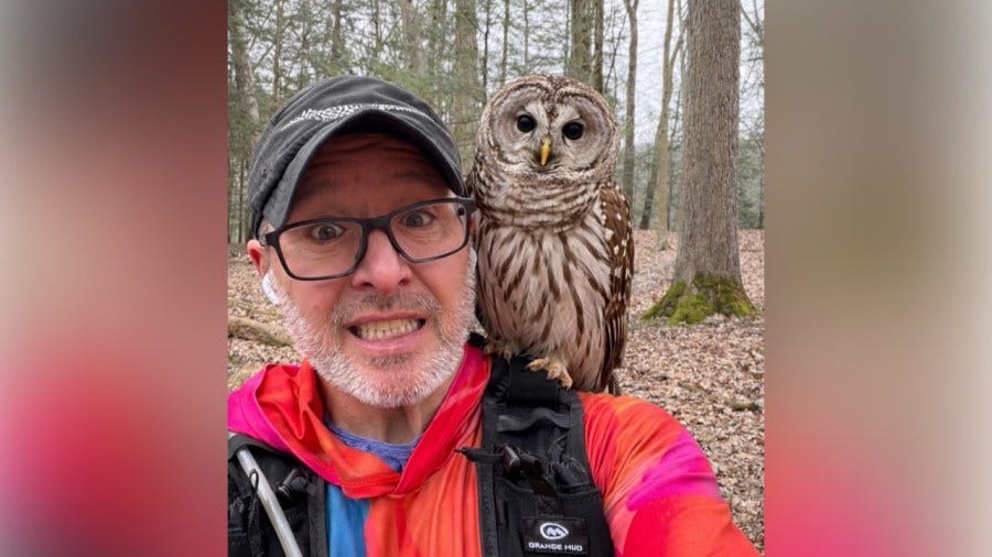 Joseph Vanek with owl on his shoulder during jog