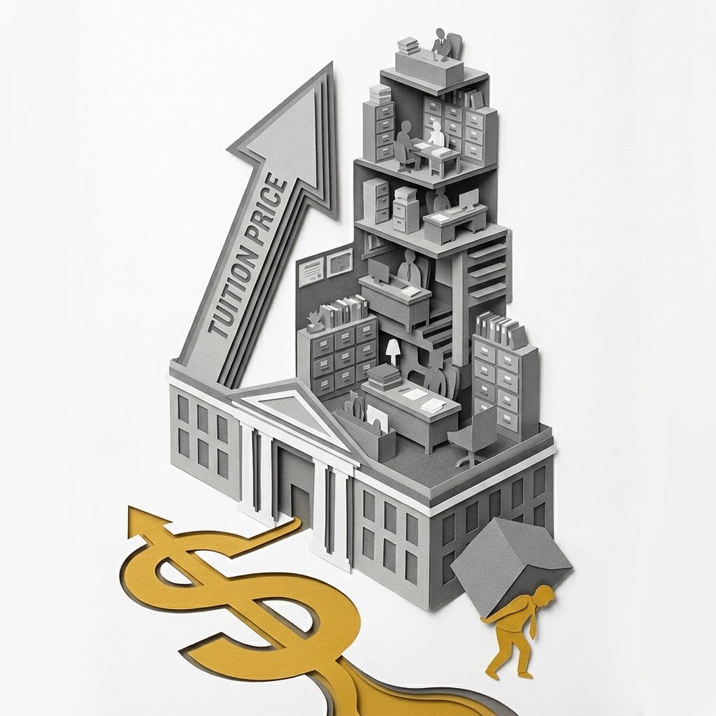Layered papercut of a golden yellow federal loan dollar sign flowing upward into the base of a university building, where inside the grey administrative floors above multiply and expand with rows of office figures while a golden student figure at the building's base becomes smaller and more burdened under the weight of grey debt, and a tuition price arrow points steeply upward along the side of the building, illustrating the Bennett Hypothesis mechanism by which federal loan availability enables tuition increases that flow primarily to administrative and institutional overhead rather than to improved educational quality