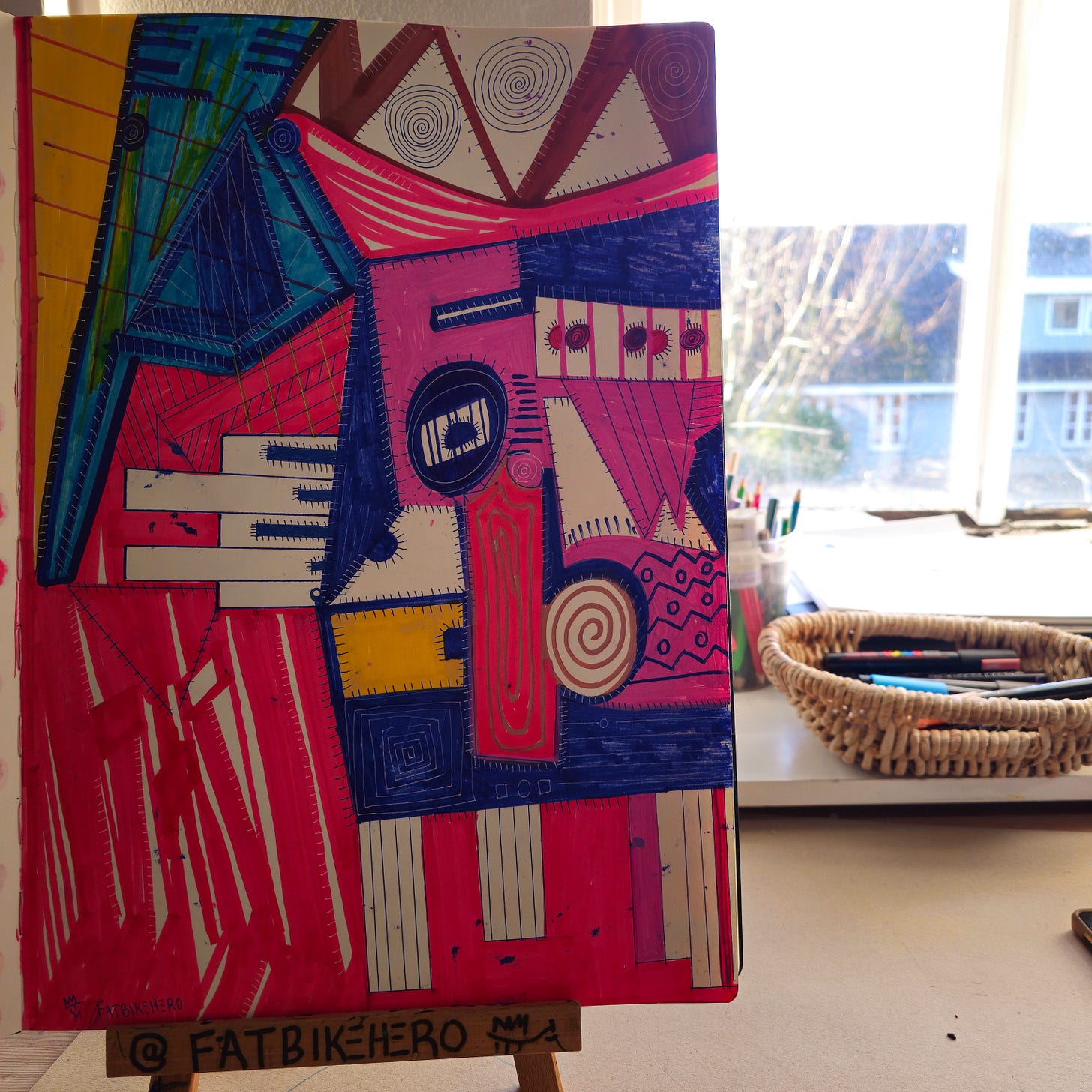 Alt Text: A vibrant, neo-expressionist drawing by FatbikeHero titled 'Miles Davis Arsenio Hall 1989'. The artwork features a totemic, abstract figure composed of magenta, blue, and yellow geometric blocks connected by stitched ink lines, symbolizing the jazz legend's fashion and intensity. Alt Text: A vibrant, neo-expressionist drawing by FatbikeHero titled 'Miles Davis Arsenio Hall 1989'. The artwork features a totemic, abstract figure composed of magenta, blue, and yellow geometric blocks connected by stitched ink lines, symbolizing the jazz legend's fashion and intensity.