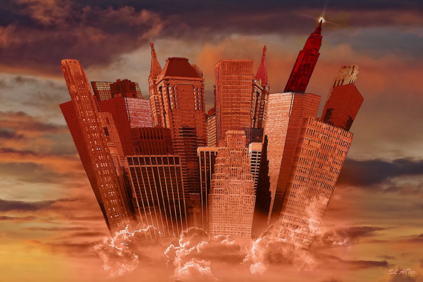A surreal image shows a cluster of tall skyscrapers emerging from clouds, bathed in a warm, reddish-orange light against a dramatic sunset sky. Signed in the lower right corner by SL AsTar.