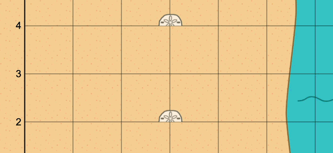The sand dollar is at (3,4) and the student types in (4,3) where a crab pops out.