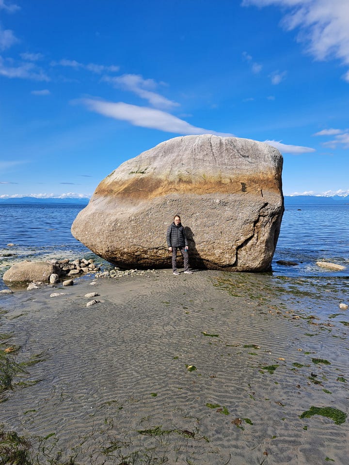 Photos of a waterfall, tree roots coming out of the ground, a rocky beach, a woman standing in front of a very large rock