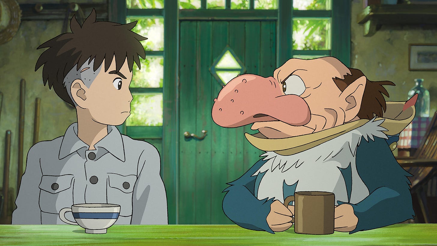 The Boy and the Heron | Still features Maito looking directly at a heron-man, who looks back at him.