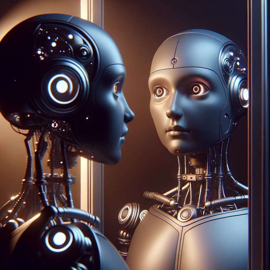 Cel-shaded 3D art of a humanoid robot in a dimly lit room. The robot, made of sleek metal and intricate circuitry, looks at its reflection in a large mirror. Its eyes convey wonder and introspection. The ambient lighting emphasizes the robot's contemplation about consciousness. The mirror reflects the robot's face and upper body, signifying its search for identity.