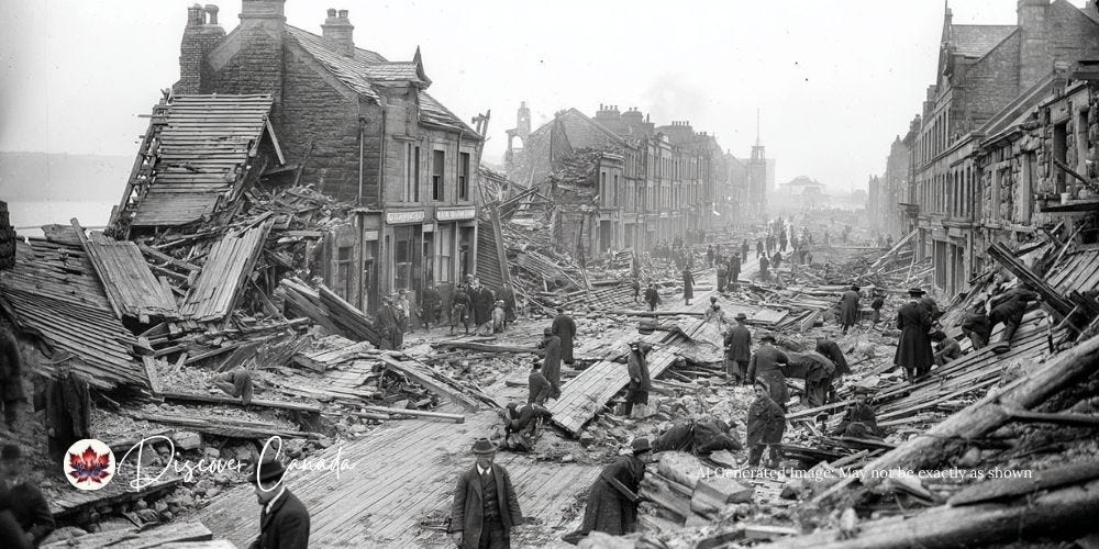Survivors pulling each other from the rubble of Halifax after the 1917 explosion. Survivors pulling each other from the rubble of Halifax after the 1917 explosion.