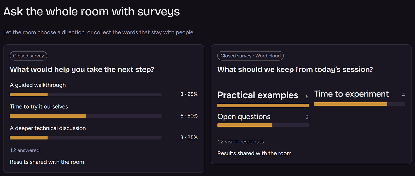AskOne surveys: a closed poll with percentages and a live word cloud AskOne surveys: a closed poll with percentages and a live word cloud