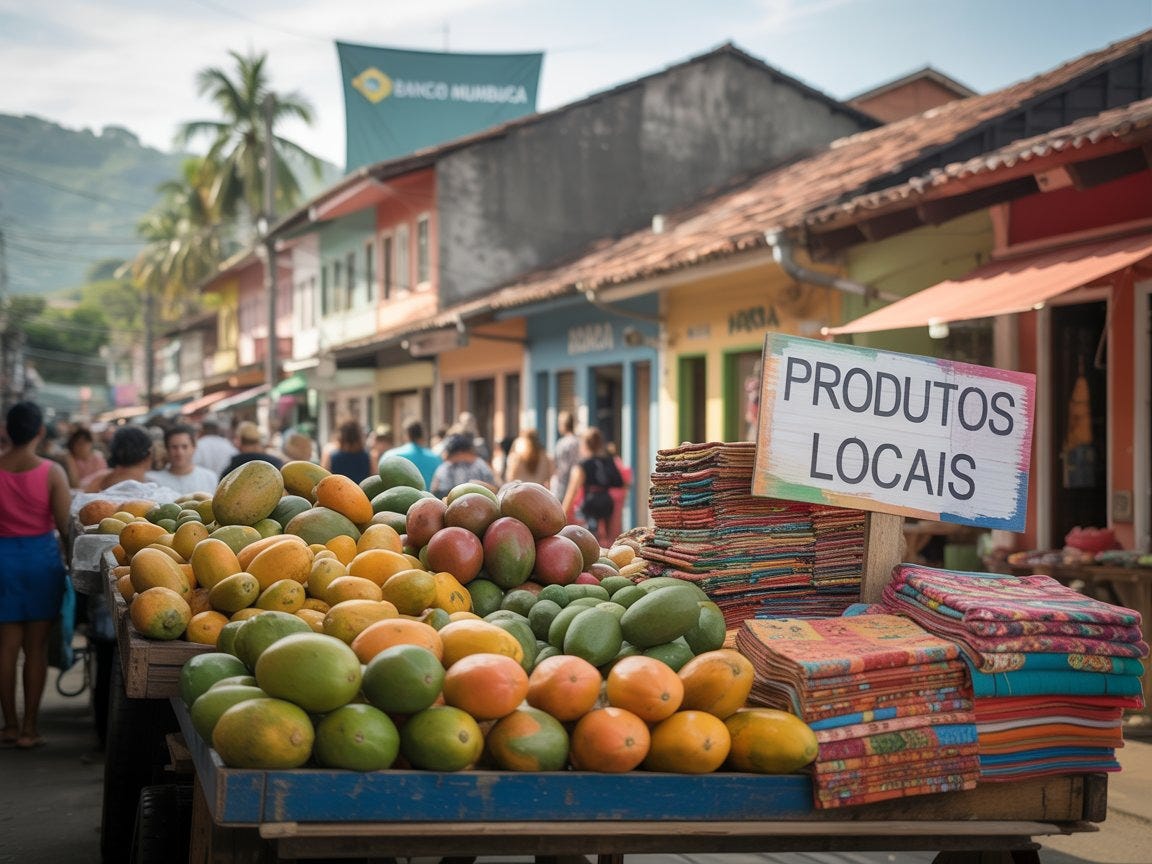 The photo shows a lively street market in Maricá, Brazil, with a colorful fruit stall in the foreground and pastel-colored buildings, palm trees, and a banner in the background, all bathed in warm, golden light.