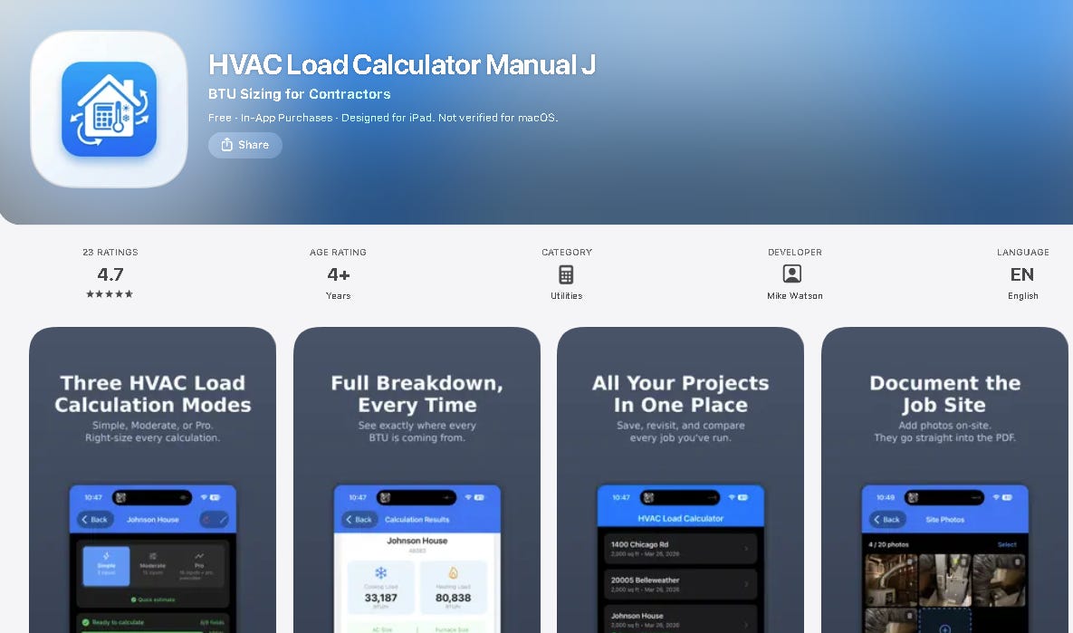 App Store listing for HVAC Load Calculator Manual, showing a 4.7 rating, app icon, and screenshots of the BTU sizing features App Store listing for HVAC Load Calculator Manual, showing a 4.7 rating, app icon, and screenshots of the BTU sizing features