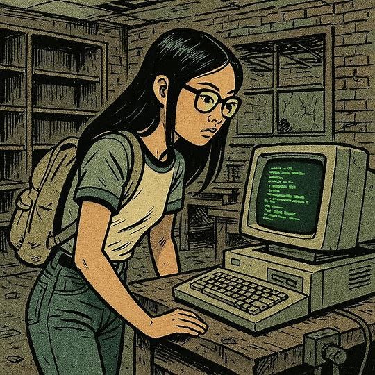 drawing. female asian nerd looking at green text on an old crt in an abandoned elementary school woodshop. 2000s fashion. empty bookshelves and brick walls. 1960s sci-fi drawing.