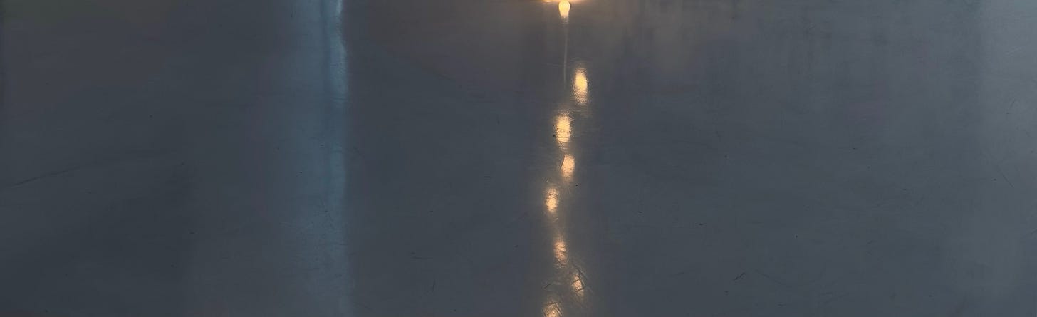 Warm light reflected on a dark, scuffed floor