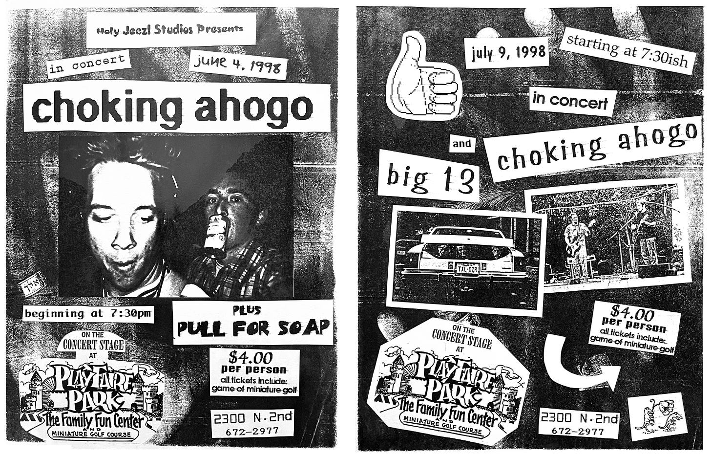 Image of two flyers from 1998. Cut and paste photos and words, photocopied with hands in the background. Both shows were at a miniature golf course in Abilene, TX.