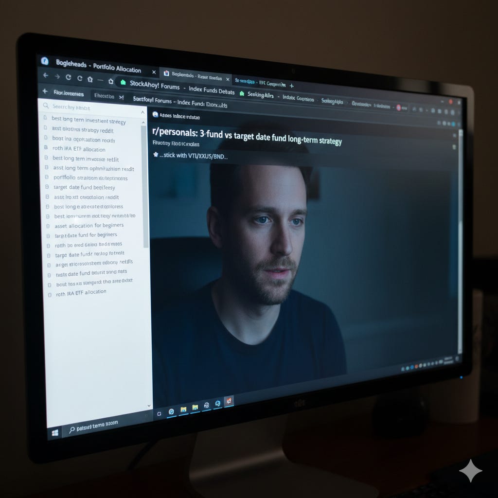 Man's face reflected on computer screen where there are many tabs open on the topic of target date funds fees.