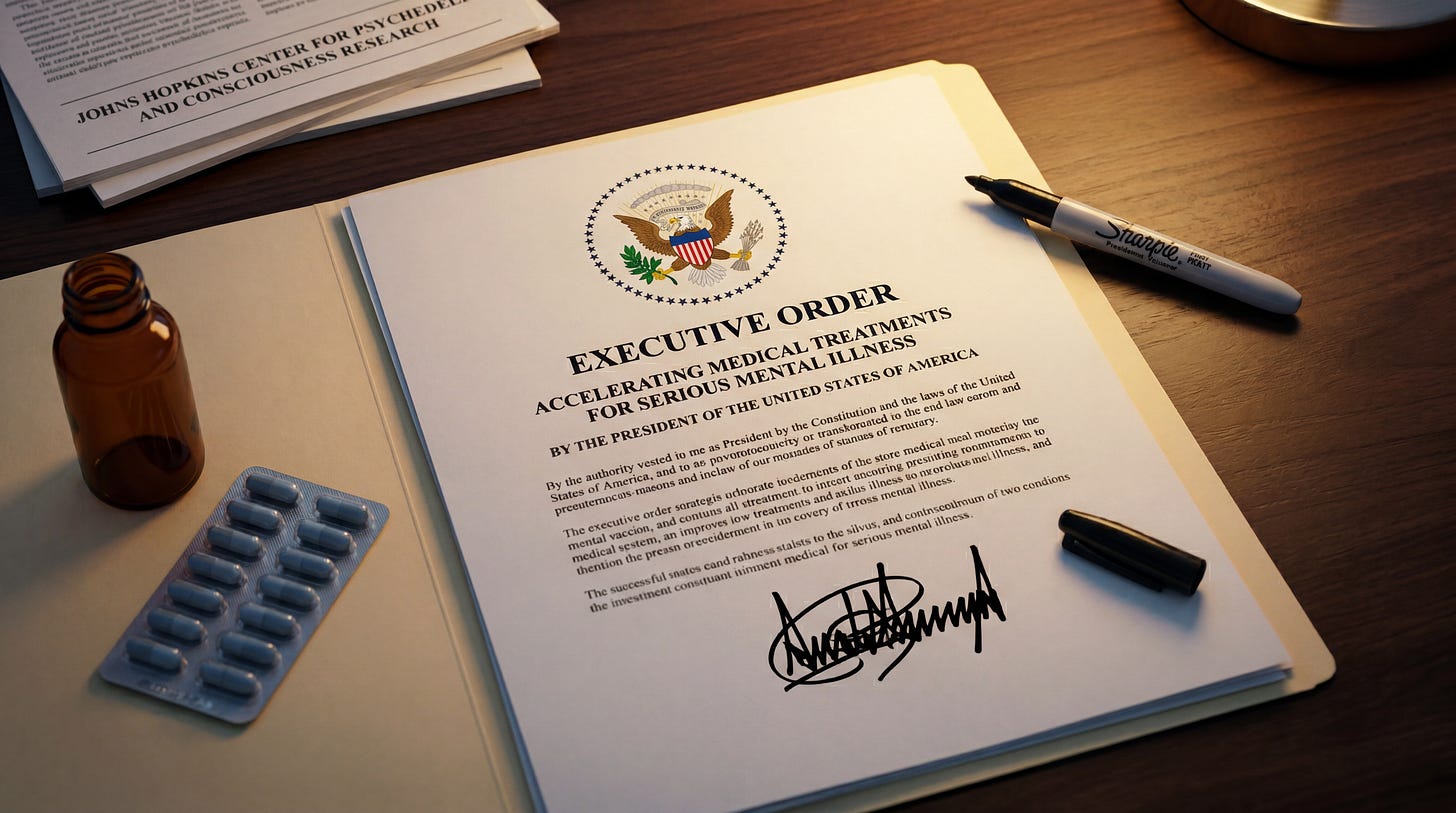 An overhead still-life photograph of a signed federal Executive Order on a polished walnut desk, under warm directional lighting. The document is titled "Executive Order — Accelerating Medical Treatments for Serious Mental Illness," stamped with the presidential seal, and signed with an abstract marker flourish dated April 18, 2026. Surrounding the document: an amber apothecary bottle, a slate blister pack of blue-gray capsules, a black Sharpie marker, and a small stack of scientific reprints with "Johns Hopkins Center for Psychedelic and Consciousness Research" visible on the top page. No people, hands, or identifiable signatures are in the frame.