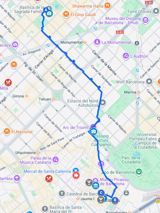Day 1 Travel Map (Google Map) for my Barcelona itinerary. Day 1 Travel Map (Google Map) for my Barcelona itinerary.