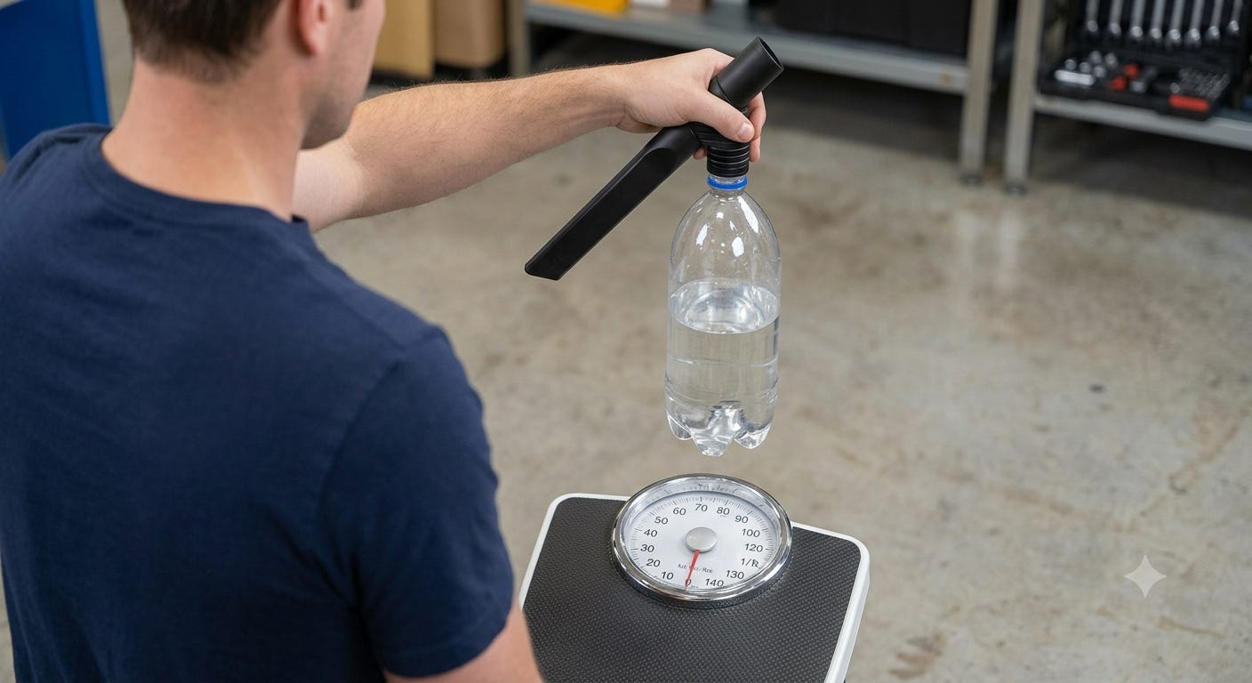 DIY suction test using a 2-liter bottle and bathroom scale to measure kPa. DIY suction test using a 2-liter bottle and bathroom scale to measure kPa.