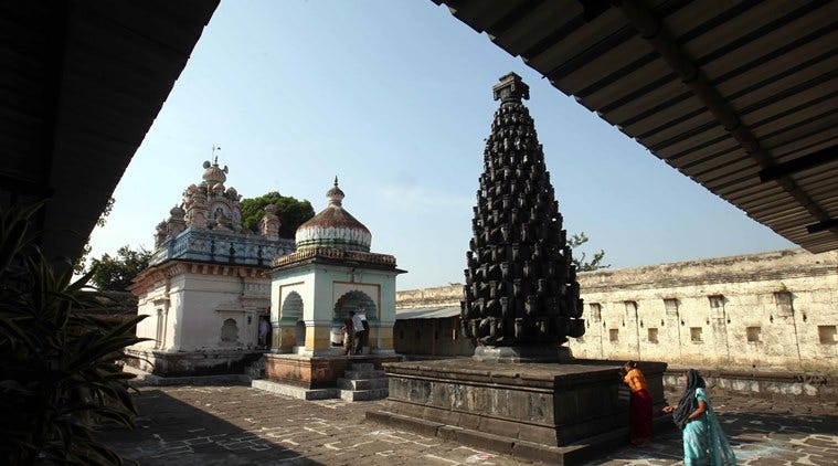Built on Kashibai’s suggestion, Someshwar Temple stands tall. Its specialty is a tall structure called the Deepmala, upon which 256 diyas can be placed at a time. (Express photo by Arul Horizon) Built on Kashibai’s suggestion, Someshwar Temple stands tall. Its specialty is a tall structure called the Deepmala, upon which 256 diyas can be placed at a time. (Express photo by Arul Horizon)