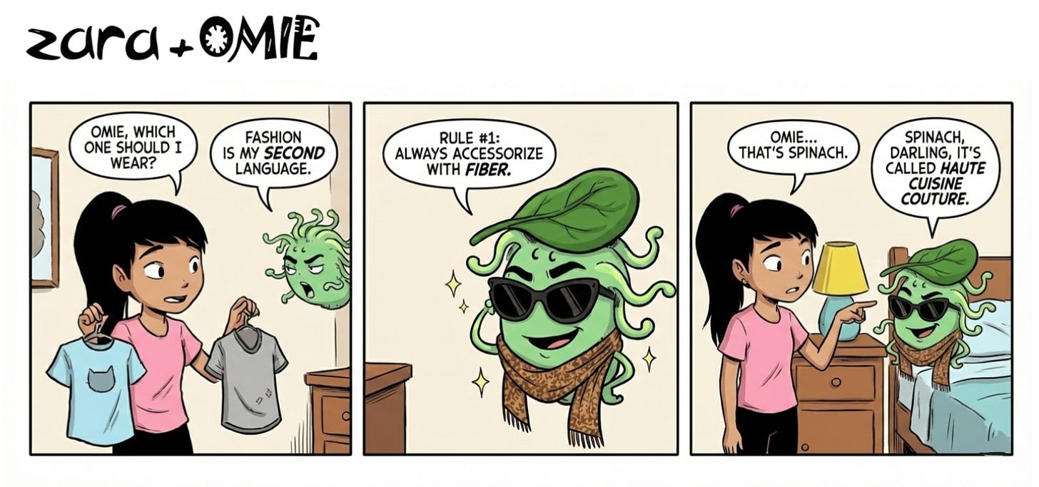 Zara asks Omie for outfit advice; Omie appears wearing sunglasses and a spinach leaf, calling it haute cuisine couture.