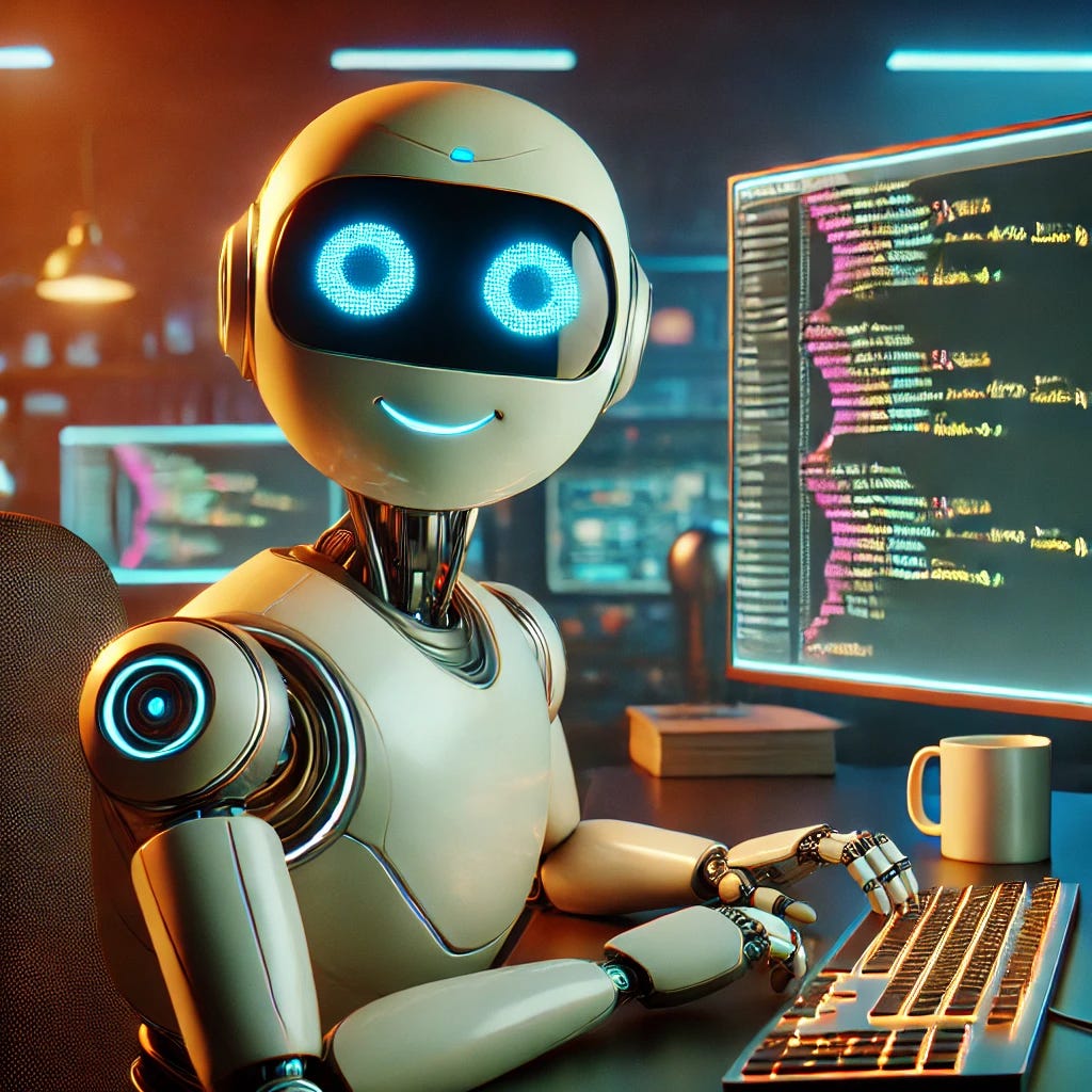A friendly, futuristic robot sitting at a desk, happily typing code on a computer screen. The robot has a sleek, metallic design with warm, glowing blue eyes and a friendly, natural-looking smile. The computer screen displays lines of colorful programming code. The setting is a modern tech workspace with multiple monitors, a coffee mug, and a dimly lit background with soft neon lighting. The robot's expression conveys confidence, warmth, and enthusiasm.