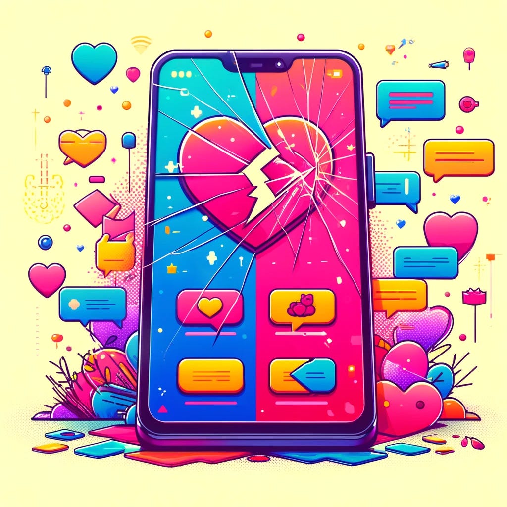 A colorful image depicting a broken dating app. The screen of a smartphone shows a dating app interface with cracks and glitches, indicating malfunction. The app icons and interface elements are bright and vibrant, with cheerful colors like pink, red, blue, and yellow. Despite the colorful appearance, the broken screen and distorted graphics clearly show that the app is not working properly. Background elements include scattered hearts and chat bubbles, some of them broken or faded, adding to the overall theme of a malfunctioning dating experience. A colorful image depicting a broken dating app. The screen of a smartphone shows a dating app interface with cracks and glitches, indicating malfunction. The app icons and interface elements are bright and vibrant, with cheerful colors like pink, red, blue, and yellow. Despite the colorful appearance, the broken screen and distorted graphics clearly show that the app is not working properly. Background elements include scattered hearts and chat bubbles, some of them broken or faded, adding to the overall theme of a malfunctioning dating experience.