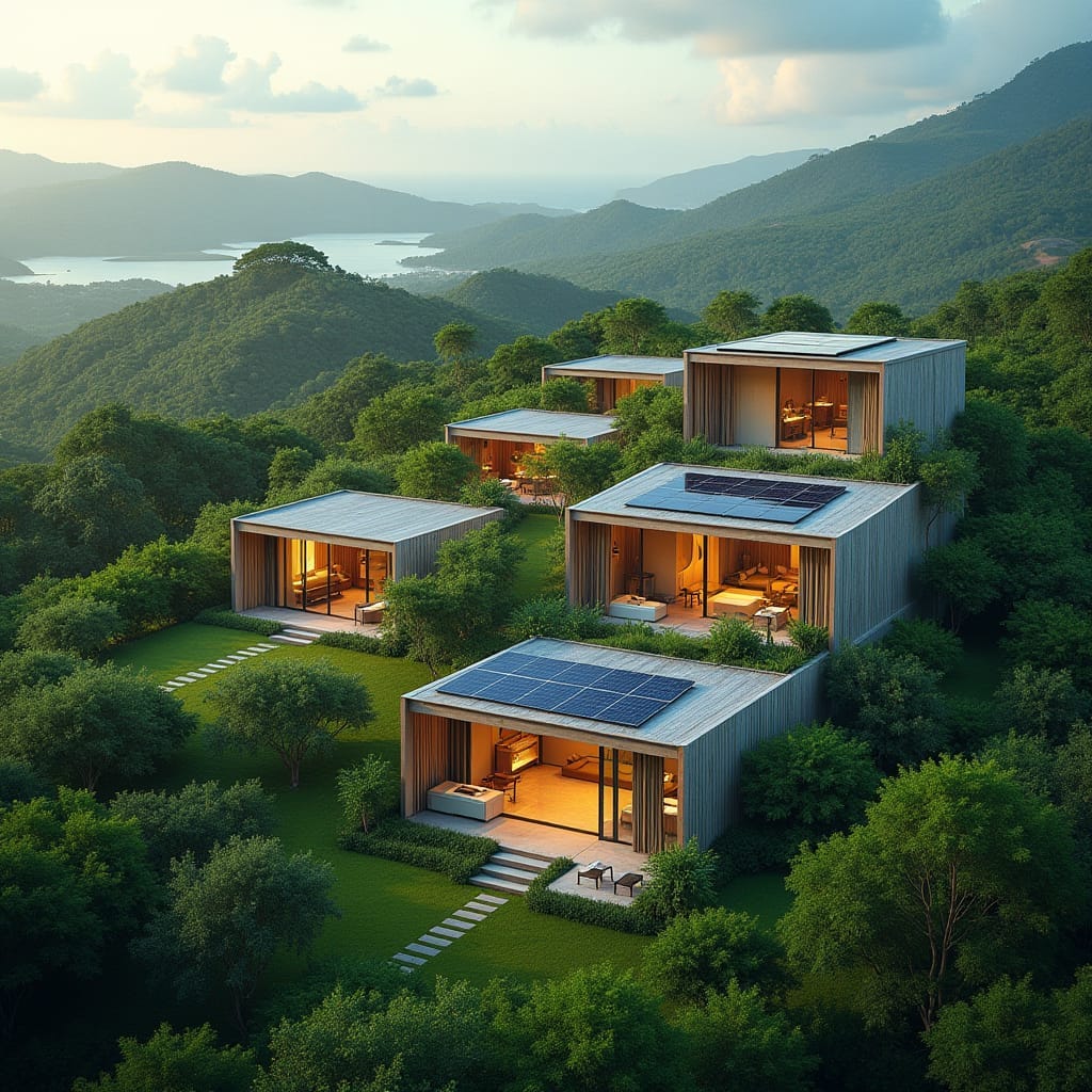 Eco-friendly luxury development in jamaica incorporating solar panels, green roofs, shipping containers and other environmentally friendly features