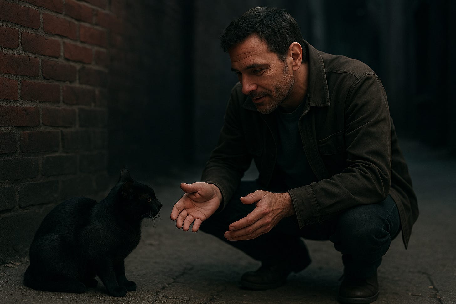 A man crouches in a dim alley, hands open and low as he gently speaks to a black cat crouched against a brick wall, its ears back and body tense A man crouches in a dim alley, hands open and low as he gently speaks to a black cat crouched against a brick wall, its ears back and body tense