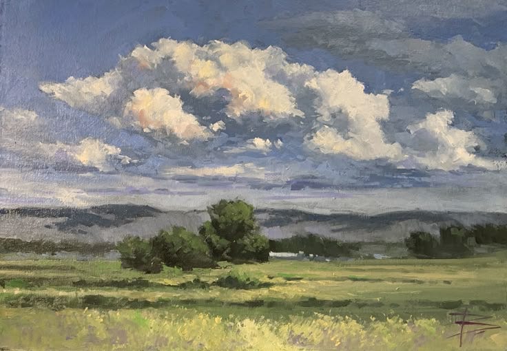 This may contain: an oil painting of clouds over a green field