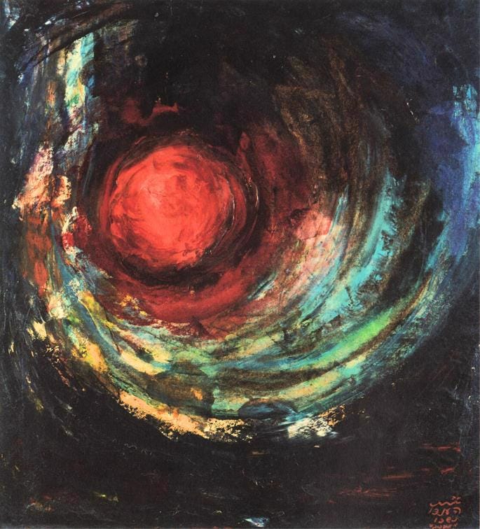 "Creation: Past and Future" by Hendel Lieberman, oil on canvas, 1966. When Lieberman showed the then-untitled abstract piece, the Rebbe gave it a name, another example of his emphasis on the importance of artists communicating with their viewers in a way that they can understand. - Zev Markowitz / Chai Art Gallery "Creation: Past and Future" by Hendel Lieberman, oil on canvas, 1966. When Lieberman showed the then-untitled abstract piece, the Rebbe gave it a name, another example of his emphasis on the importance of artists communicating with their viewers in a way that they can understand. - Zev Markowitz / Chai Art Gallery