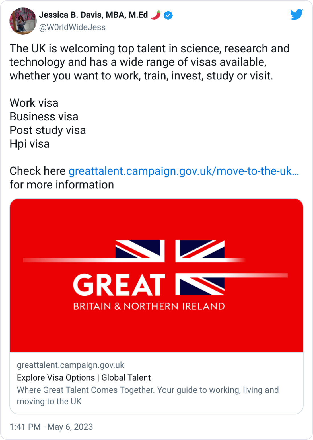Jessica B. Davis, MBA, M.Ed 🌶 @W0rldWideJess The UK is welcoming top talent in science, research and technology and has a wide range of visas available, whether you want to work, train, invest, study or visit. Work visa Business visa Post study visa Hpi visa Check here https://greattalent.campaign.gov.uk/move-to-the-uk/explore-visa-options/ for more information Jessica B. Davis, MBA, M.Ed 🌶 @W0rldWideJess The UK is welcoming top talent in science, research and technology and has a wide range of visas available, whether you want to work, train, invest, study or visit. Work visa Business visa Post study visa Hpi visa Check here https://greattalent.campaign.gov.uk/move-to-the-uk/explore-visa-options/ for more information