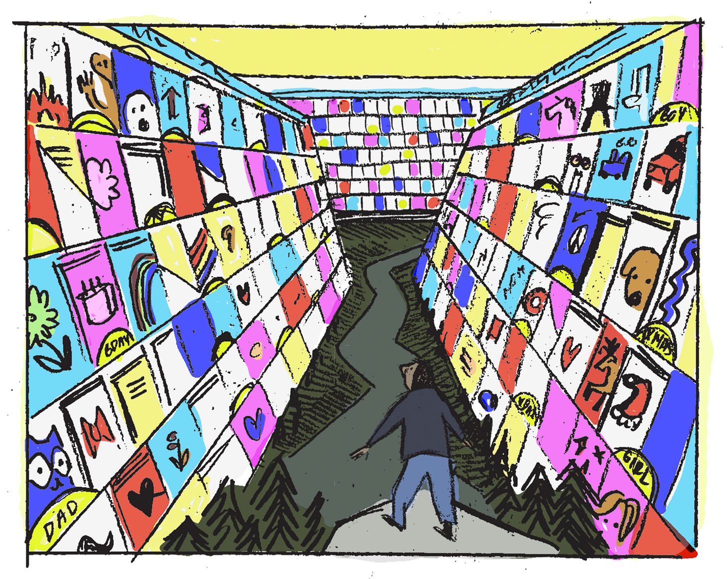 A person ventures down a forested valley trail at the base of giant aisles of greeting cards.