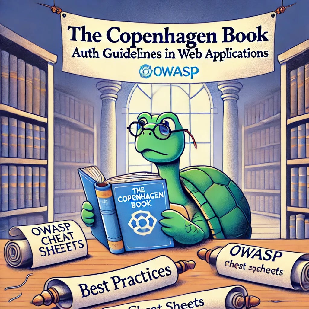 An illustration for 'The Copenhagen Book: Auth guidelines in web applications' featuring a wise turtle reviewing a book titled 'The Copenhagen Book' in a peaceful library setting. The turtle is surrounded by scrolls labeled with best practices like 'OWASP Cheat Sheets,' and the library symbolizes knowledge and security in web development.