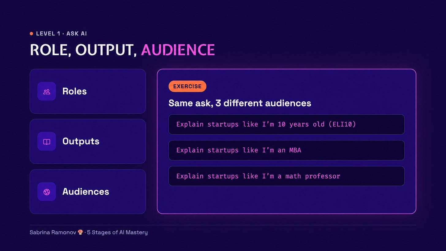 Role, output, and audience change how Claude explains the same topic.