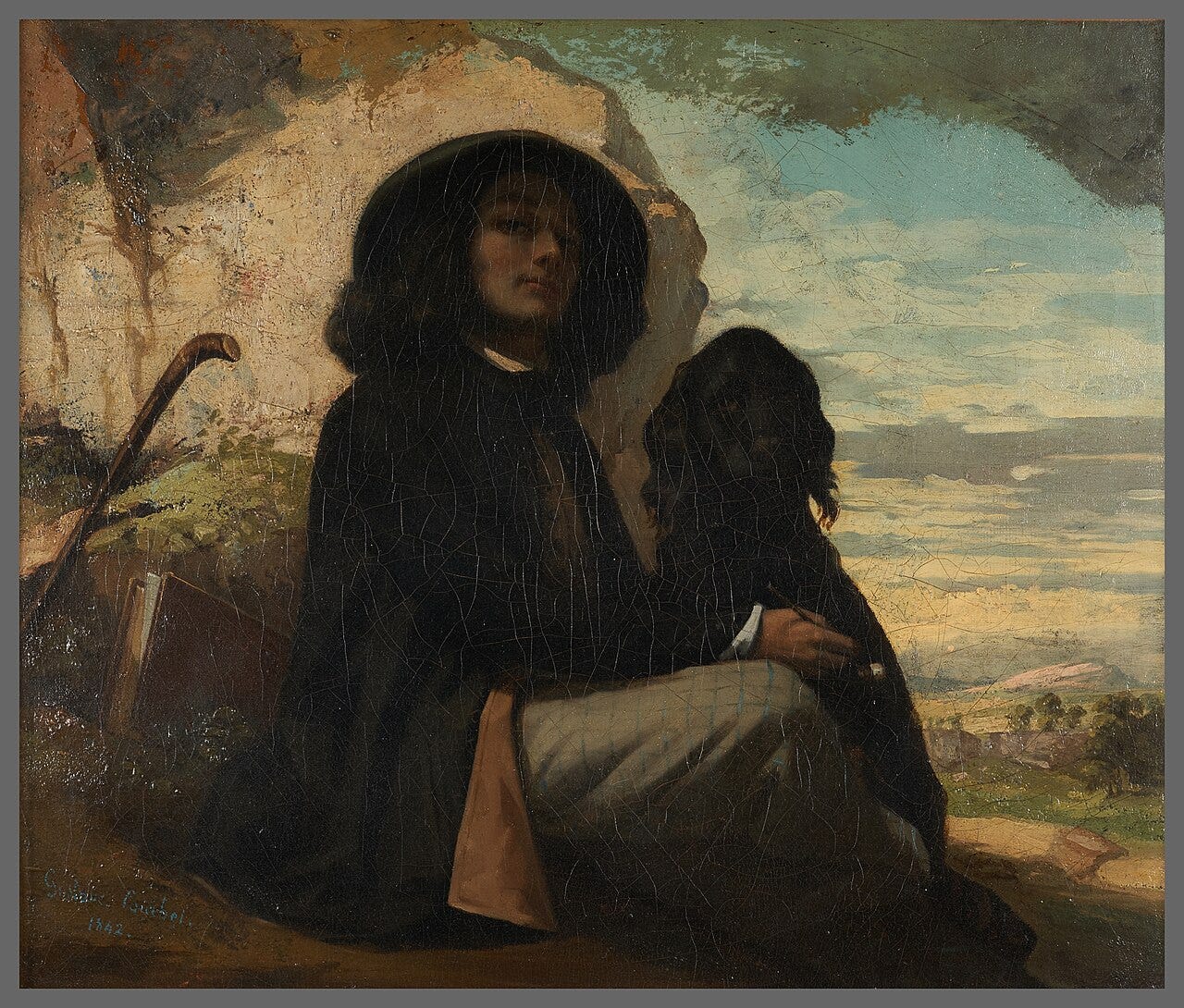 A young Courbet with a black spaniel pressed to his side